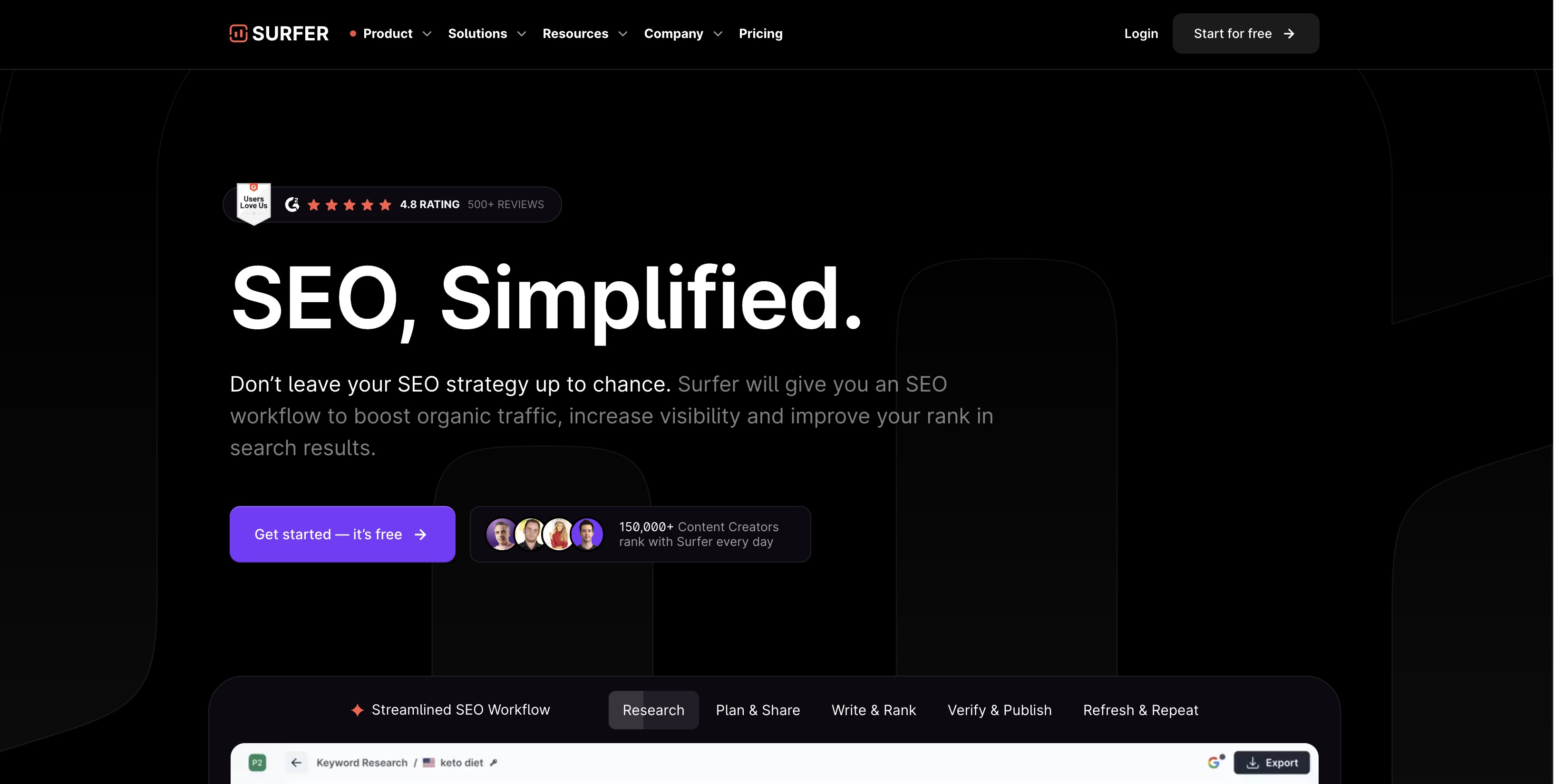 SurferSEO homepage