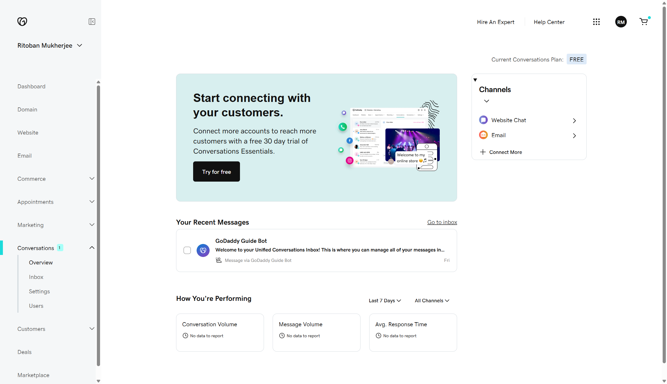 Screenshot of GoDaddy's AI communications tool, it offers the option to set up various communication channels including website chat and email.