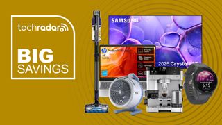 Collage of tech from the Currys Epic Deals sale, including Samsung TV, Shark Vacuum, HP laptop, Garmin smartwatch, Ninja coffee maker and Shark Fan
