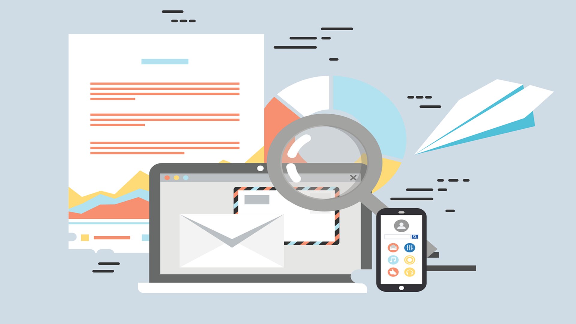 A graphic showing a web page, computer, envelope, and magnifying glass.