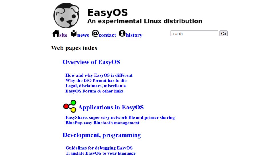 EasyOS website screenshot (December 2025).