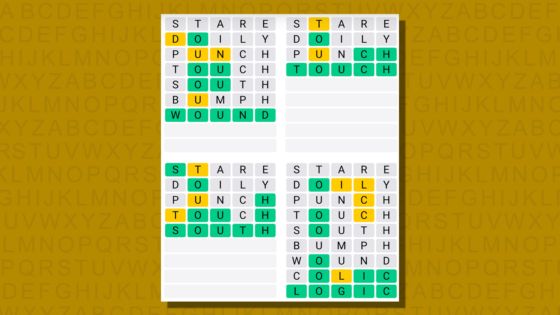 Quordle answers for game 788 on a yellow background