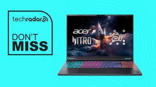 Acer Nitro V 16S gaming laptop on blue background with don;t miss text overlay