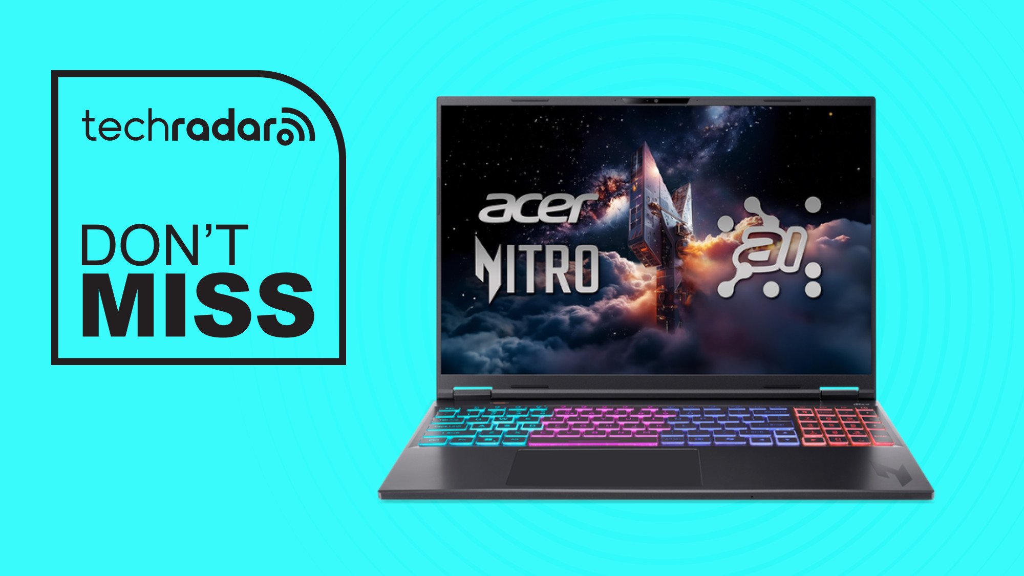 Acer Nitro V 16S gaming laptop on blue background with don;t miss text overlay