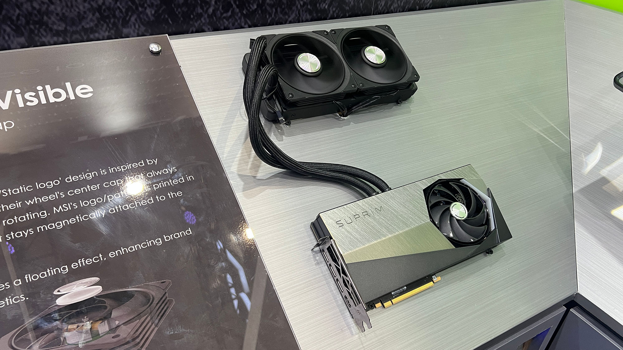 An MSi Suprim Liquid graphics card on display at Computex 2023