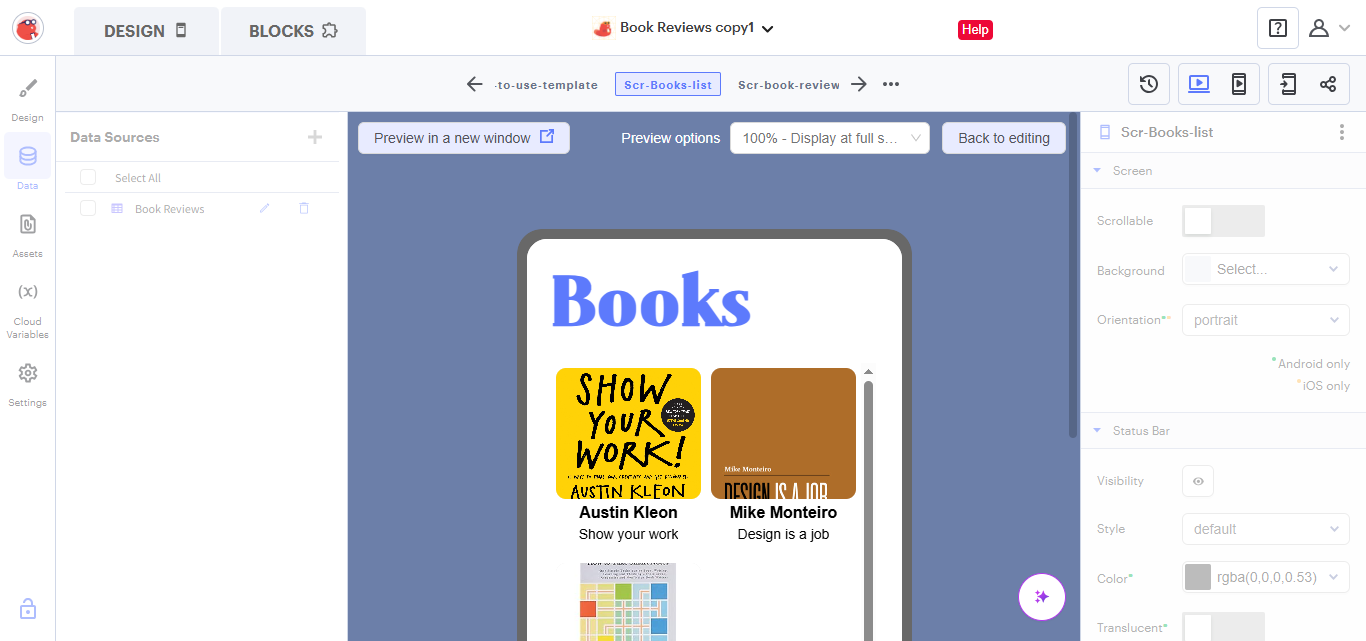Thunkable's app preview mode