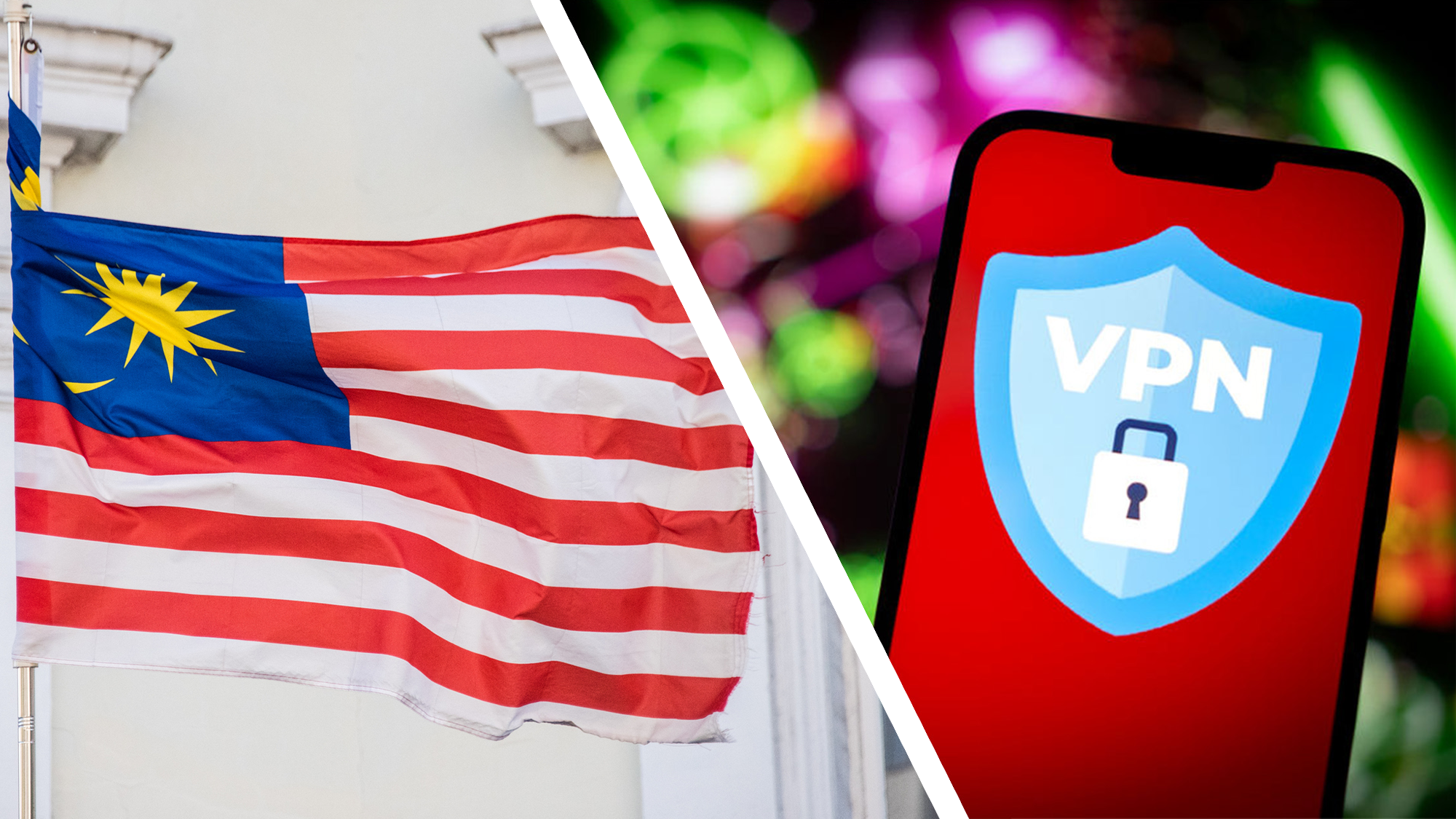 Malaysian flag blowing in the wind on the left, VPN icon on smartphone on the right