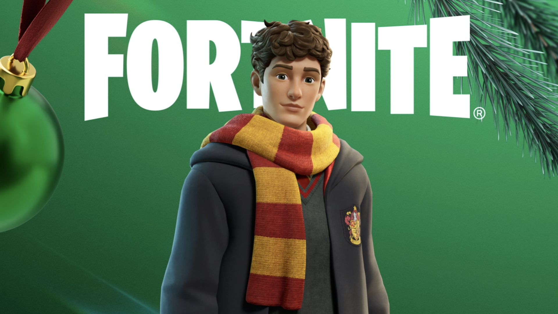 Harry Potter in a yellow and red scarf, against a green background