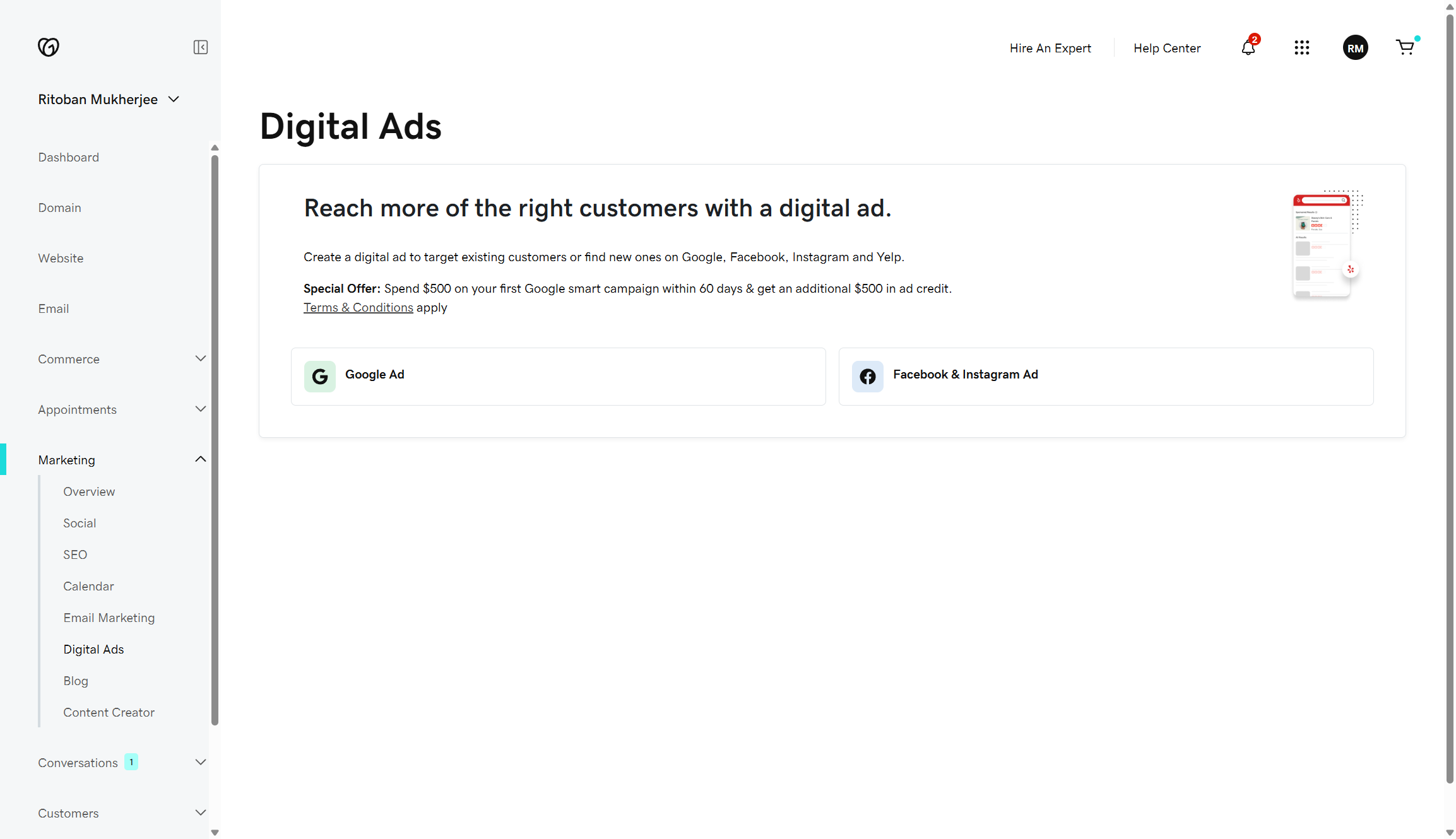 Screenshot of GoDaddy's built in ads platform, it gives options for building ads on Google, Instagram and Facebook.