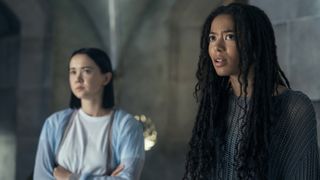 Jordan with their arms folded and Marie looking shocked in Gen V season 2 episode 5