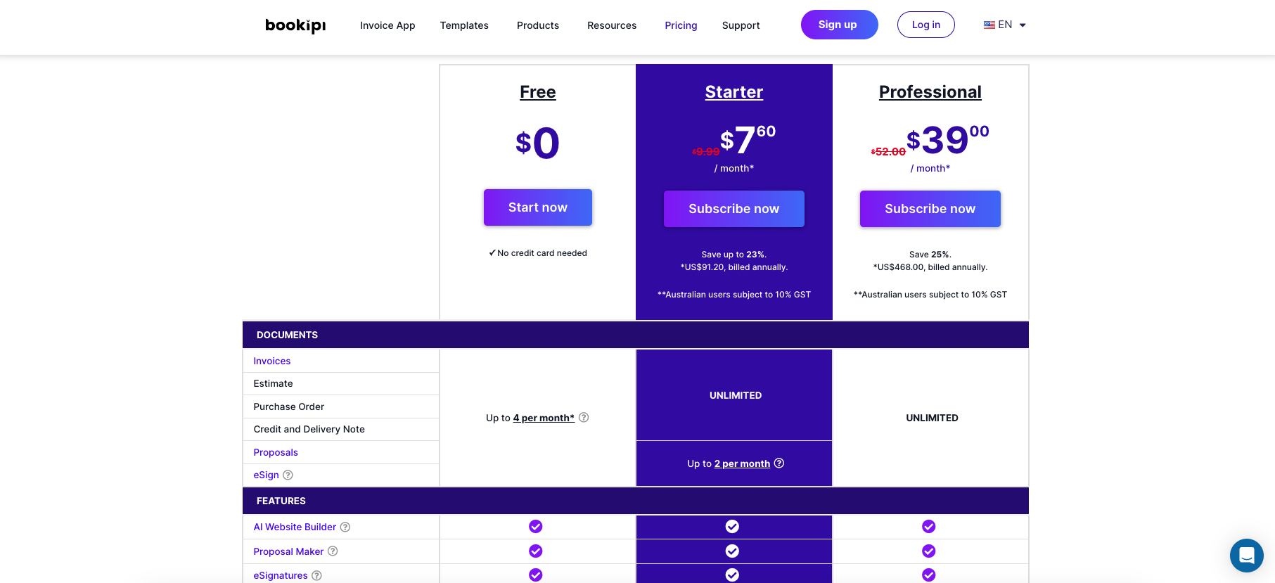 screenshot of bookipi website builder pricing