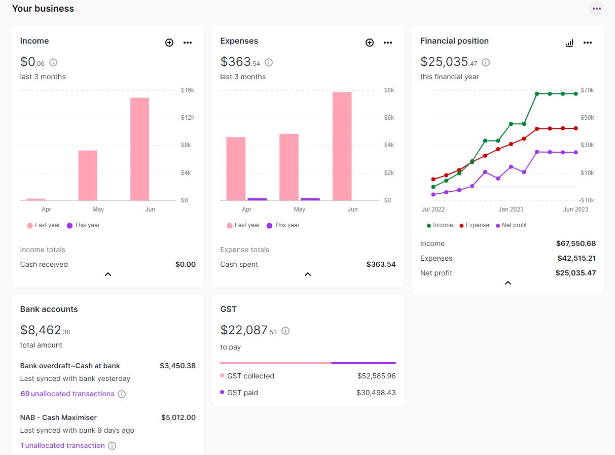 MYOB dashboard