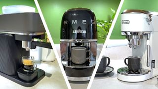 Split image of three small coffee makers on kitchen counter with green wall