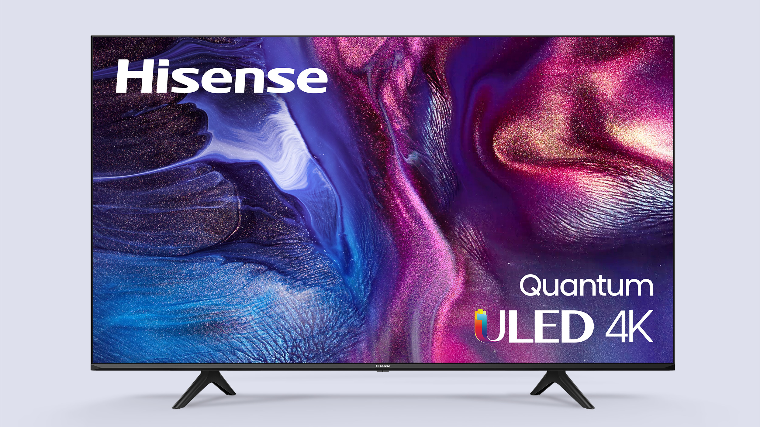 A front view of the Hisense U6G ULED TV with pink and purple abstract patterns on the screen