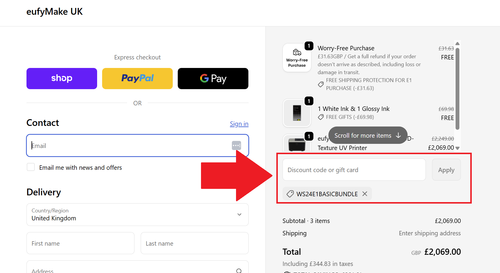 A screenshot showing the eufymake checkout page and where to enter a eufymake promo code