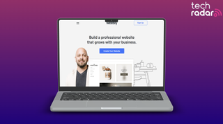 Weebly free website builder being used on a mac laptop screen with a blue and pink background 