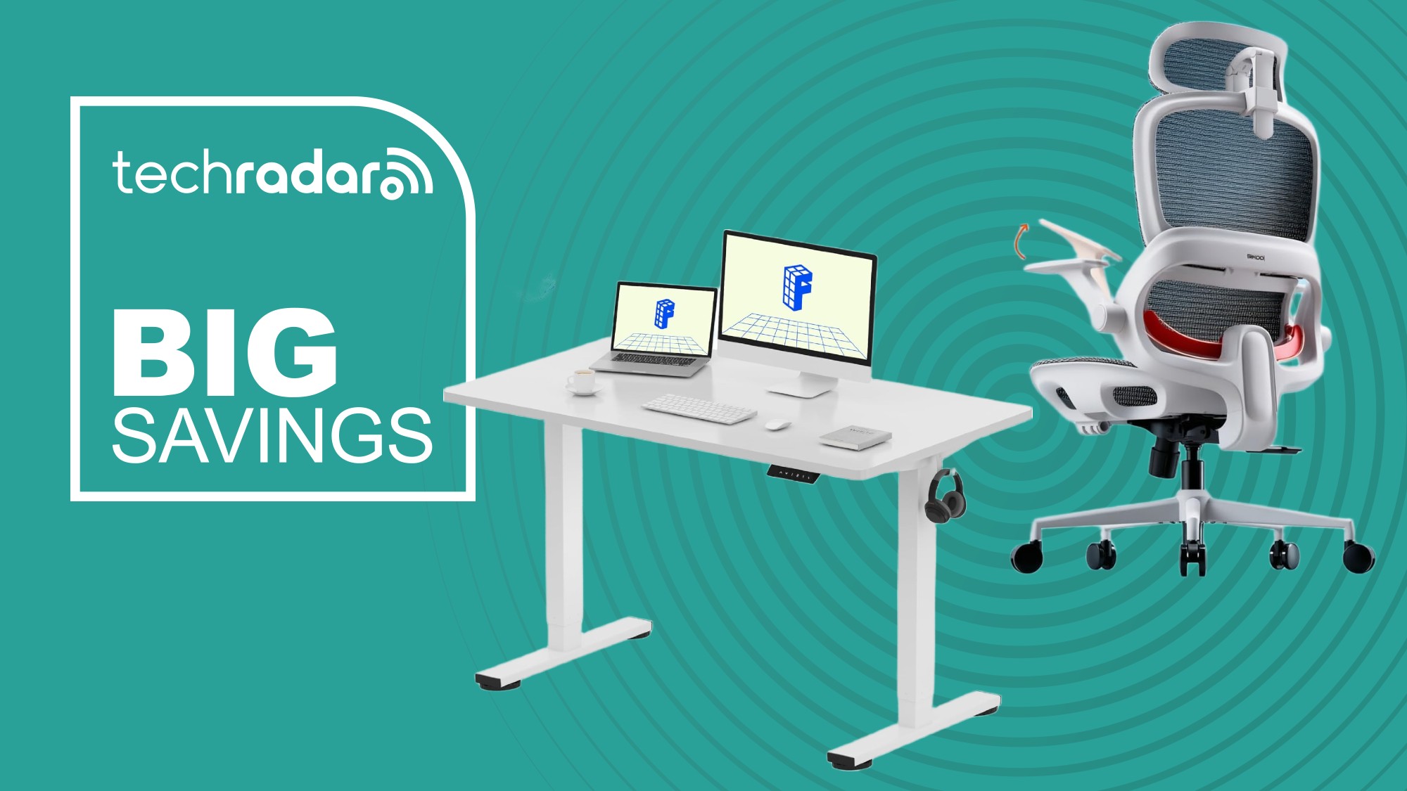 The FlexiSpot standing desk and Sihoo office chair on a green background next to a TechRadar badge in white that reads 'Big Savings'