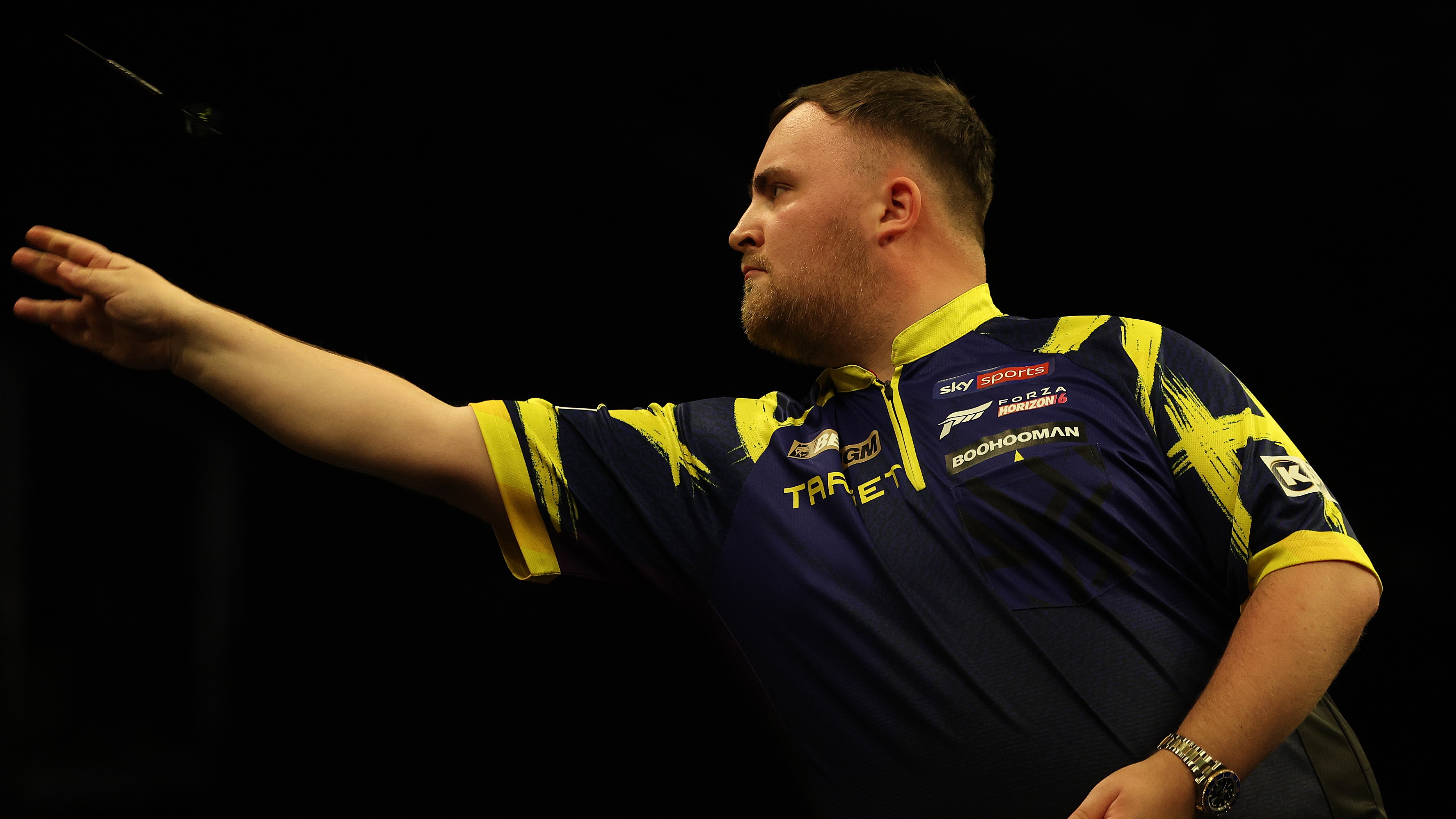 Luke Littler of England in action during his semi-final match at the 2026 BetMGM Premier League Darts Finals at The O2 Arena on May 28, 2026 in London, England