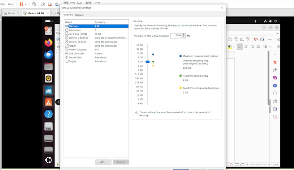 VMWare Workstation Pro memory screen