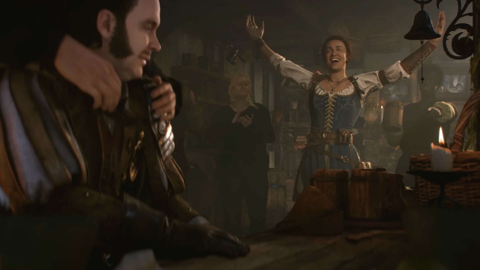 An adventurer cheers in a tavern