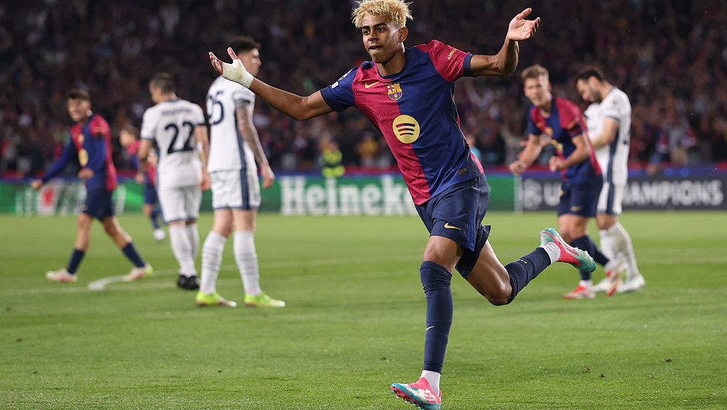 Lamine Yamal of FC Barcelona celebrates scoring his team's first goal during the UEFA Champions League 2024/25 Semi Final First Leg match between FC Barcelona and FC Internazionale Milano in April 2025