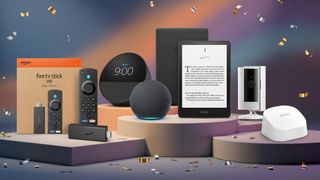 Selection of Amazon products on a podium, with confetti falling around