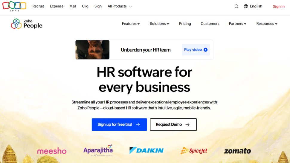 Website screenshot of Zoho People (March, 2026)