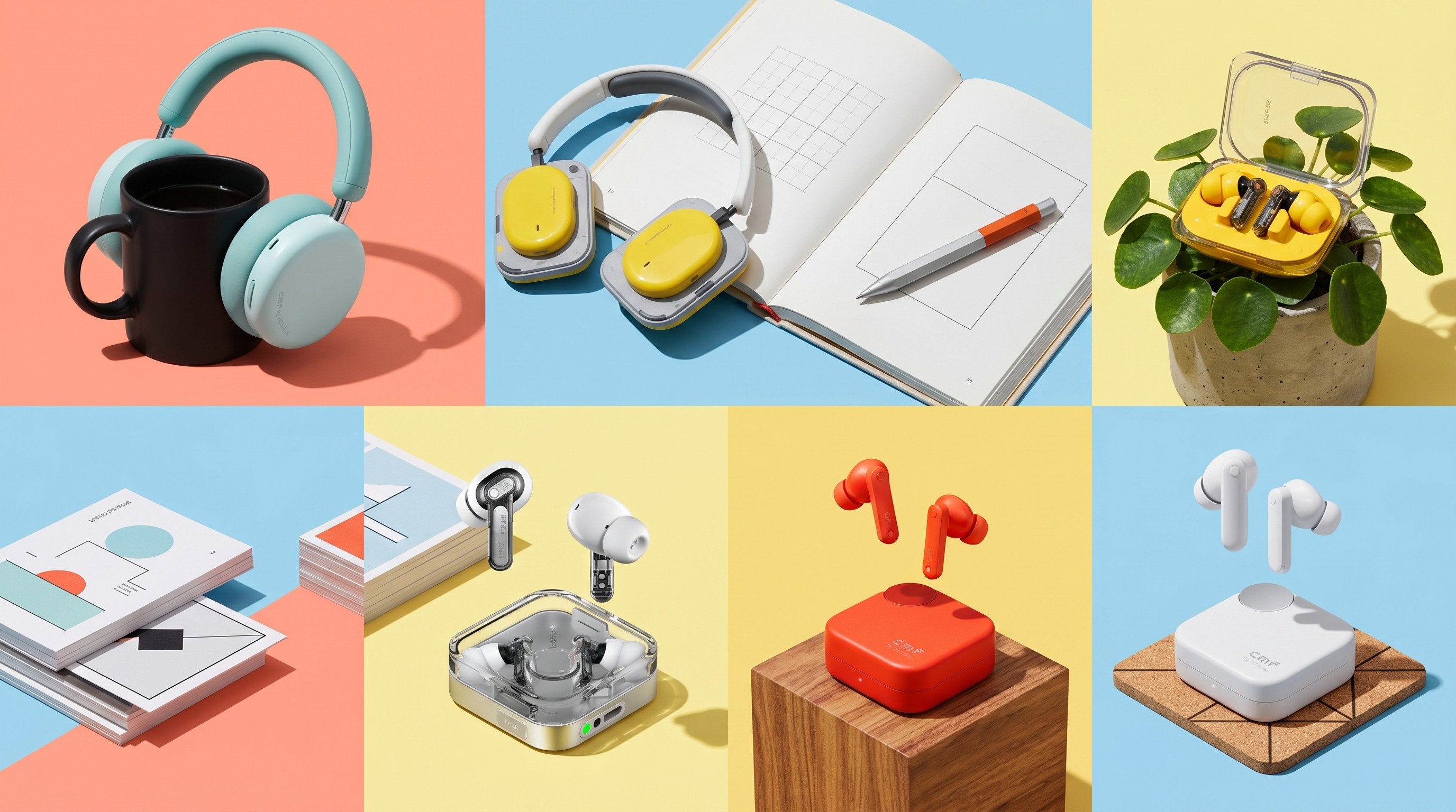 A selection of Nothing earbuds and headphones on pastel backgrounds