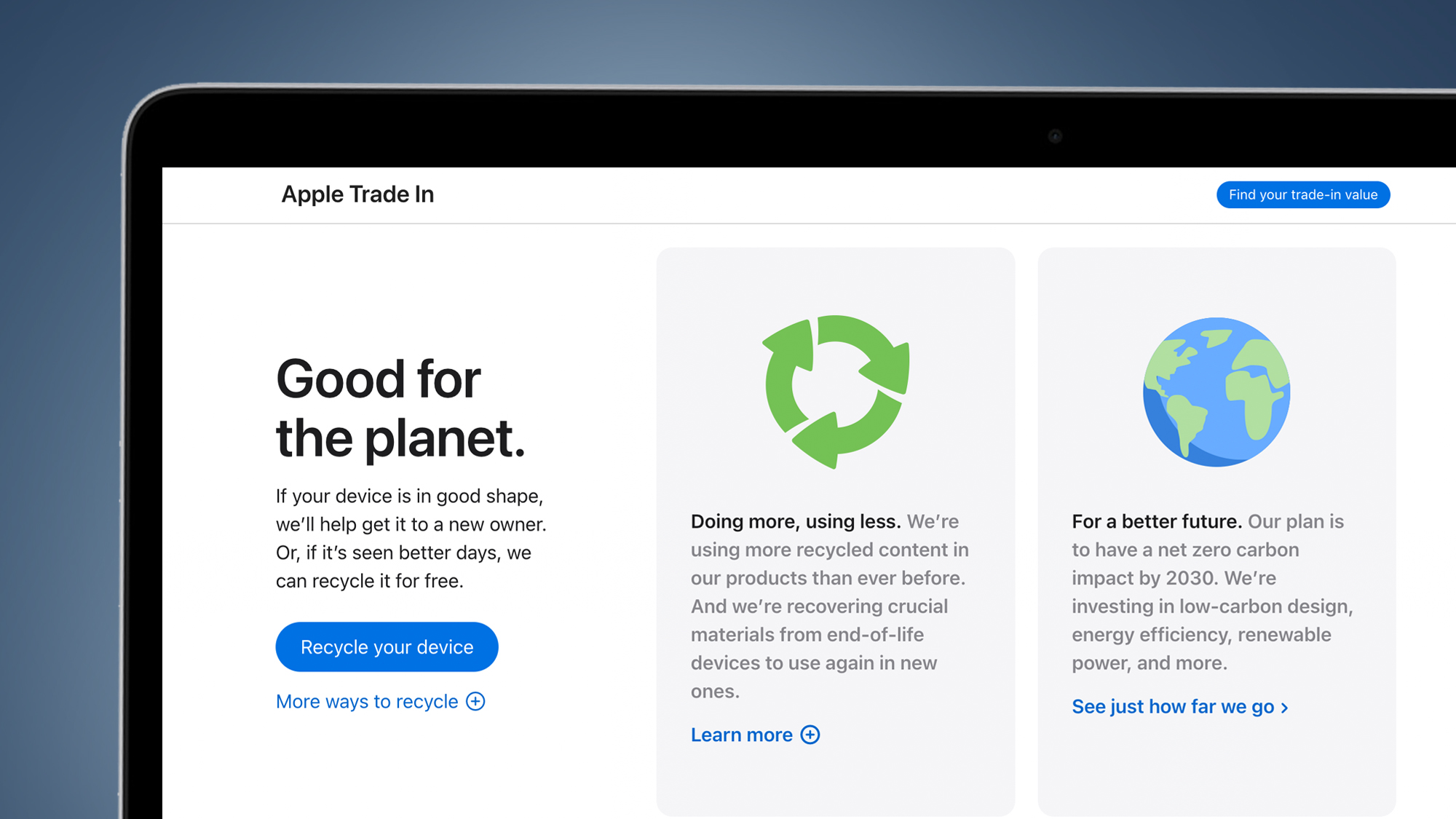 A laptop on a blue background showing the Apple Trade In website