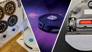 Dreame robot vacuum dock with space for three sets of mop pads (left); Shark's new UV-equipped robot vacuum (middle); Roborock robot vacuum with mop pad extended to one side (right)