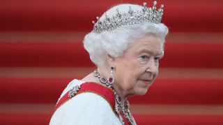 Queen Elizabeth II arrives for the state banquet in her honour at Schloss Bellevue palace