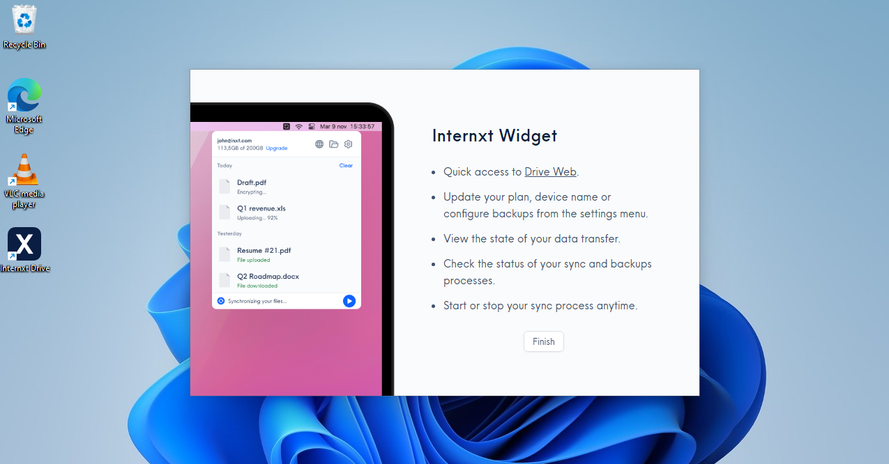 Internxt cloud storage interface showing