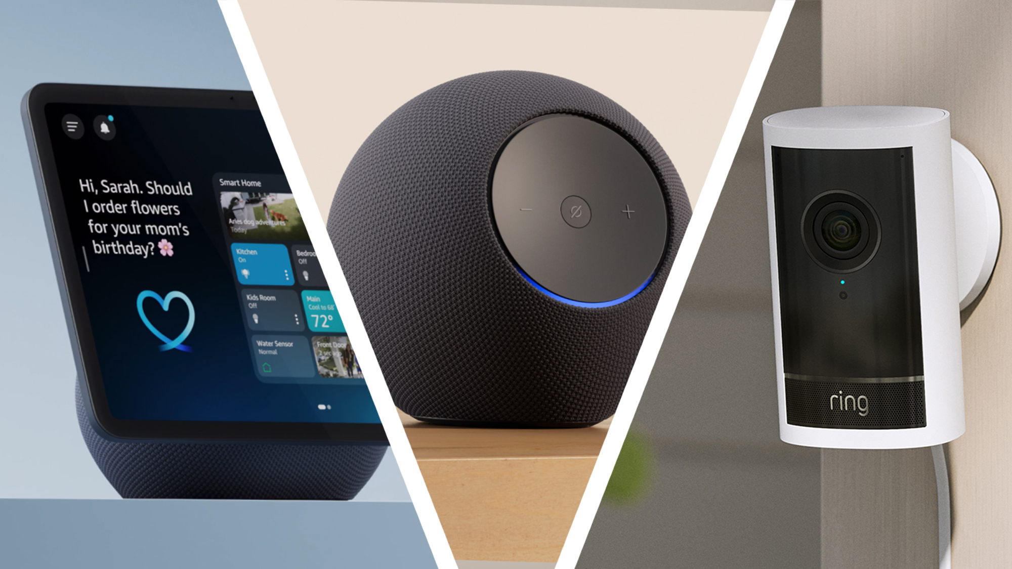 An Amazon Echo Show next to an Echo Dot and a Ring doorbell