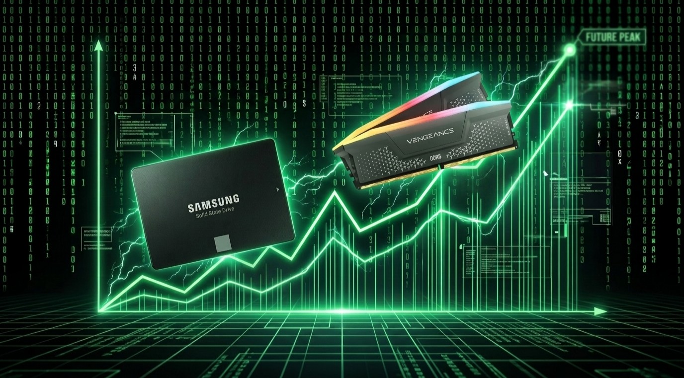 A line graph showing the price progressively going up in a vibrant green and black color palette, with a Samsung SSD and Corsair RAM superimposed.