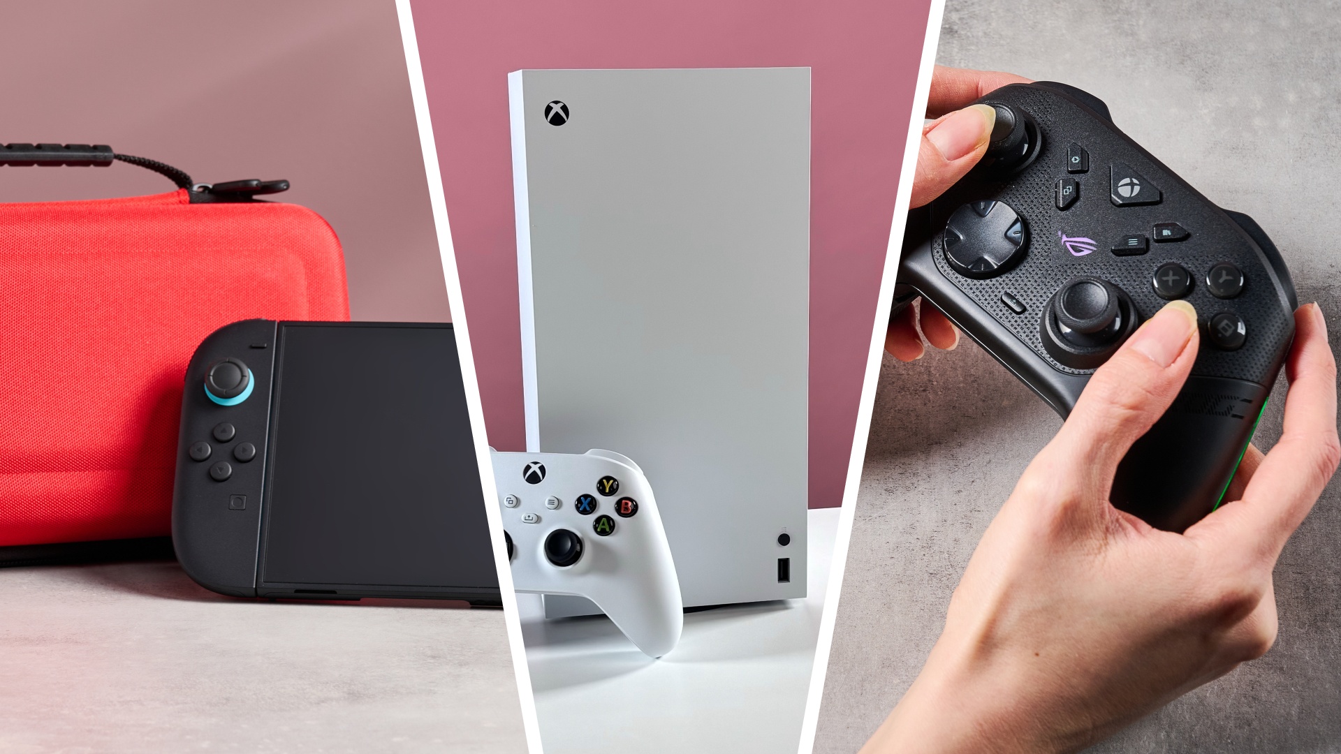 A three-part image featuring the Nintendo Switch 2, Xbox Series X Digital Edition and Asus ROG Raikiri II Xbox Wireless from left to right.