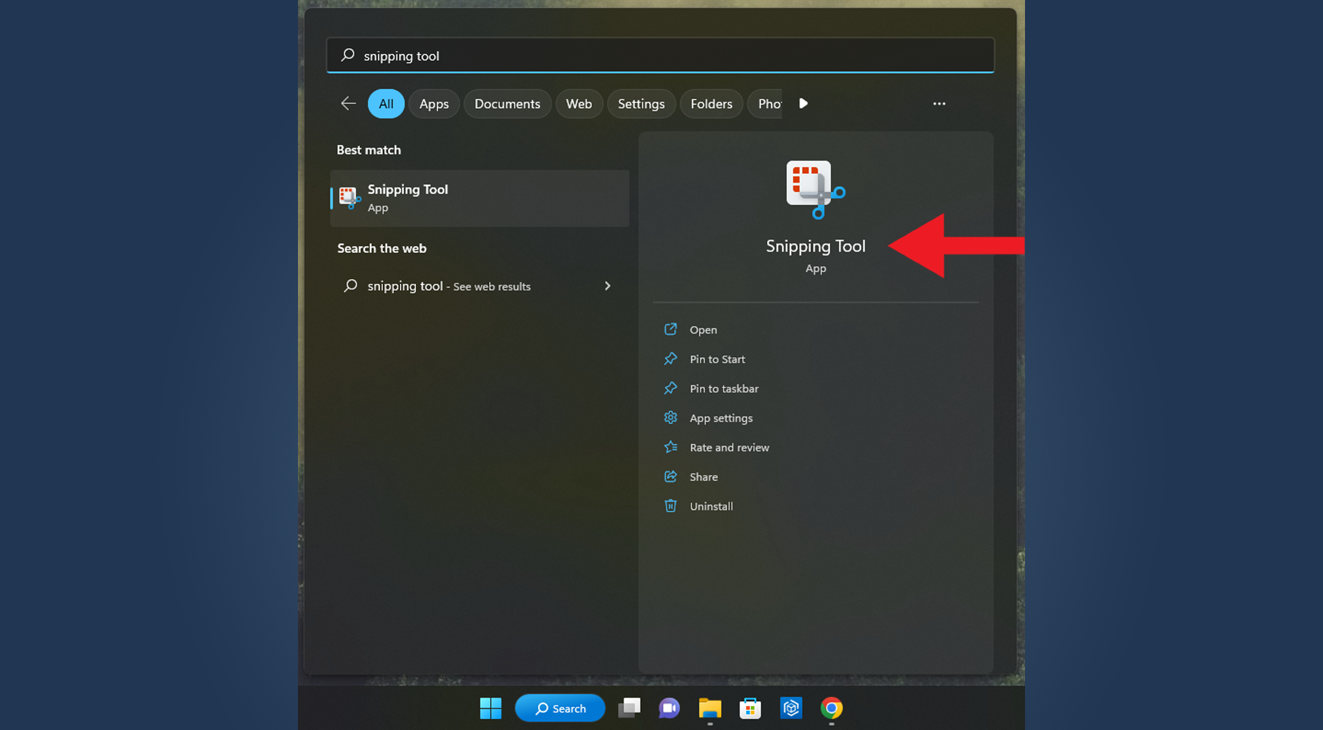 Screenshot of the open Windows 11 search bar showing Snipping Tool