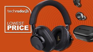 Cambridge Audio headphones and earbuds on TR's orange background with the 'lowest price' deals badge 