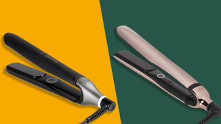 GHD Chronos and GHD Platinum Plus on a colored background