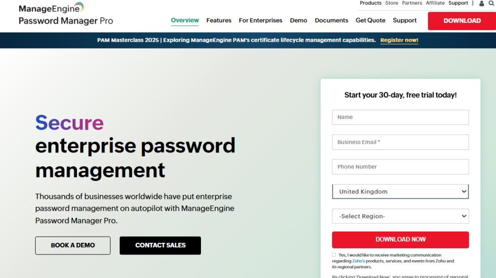 Website screenshot of ManageEngine Password Manager Pro (August, 2025)
