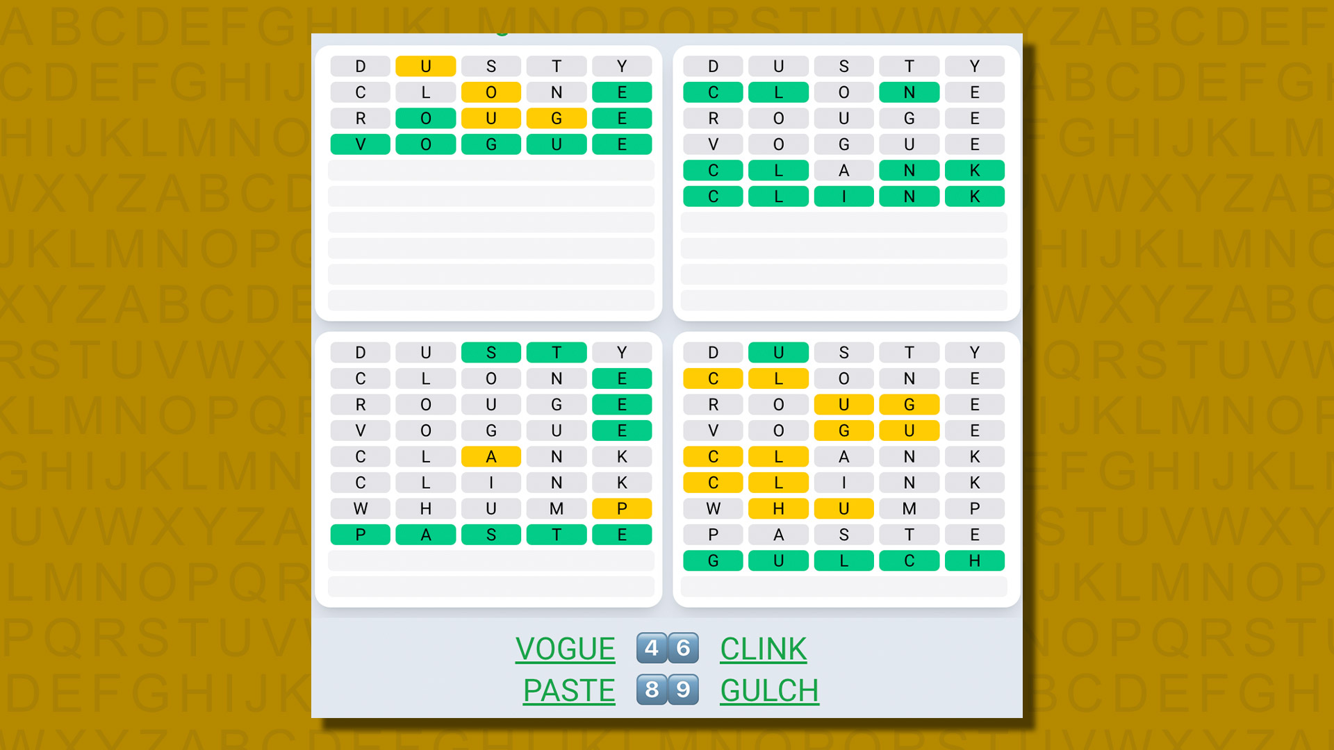 Quordle daily sequence answers for game 565 on a yellow background