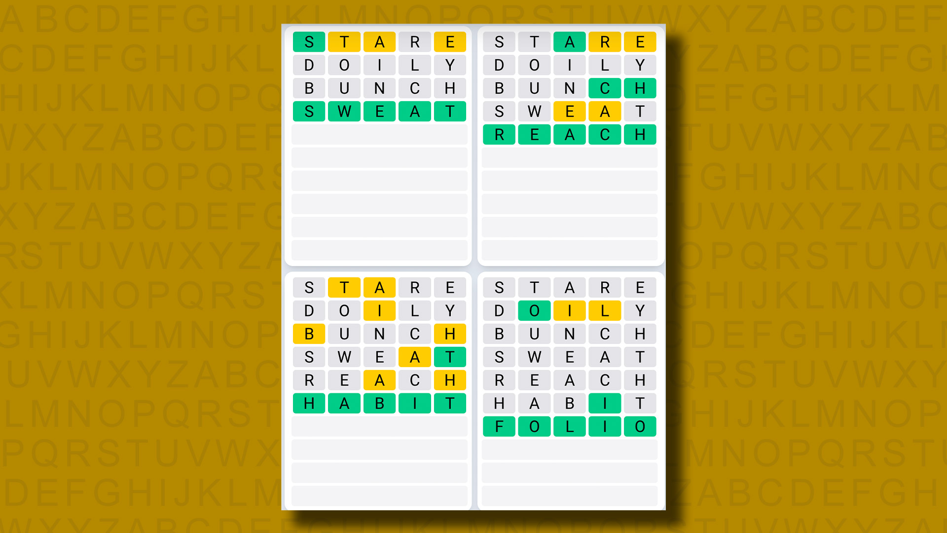 Quordle Daily Sequence answers for game 838 on a yellow background