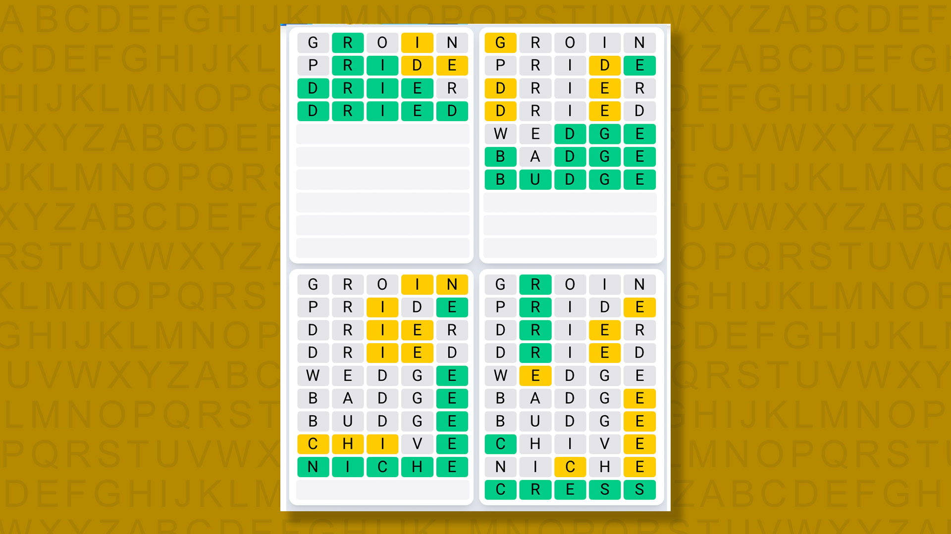 Quordle Daily Sequence answers for game 1613 on a yellow background