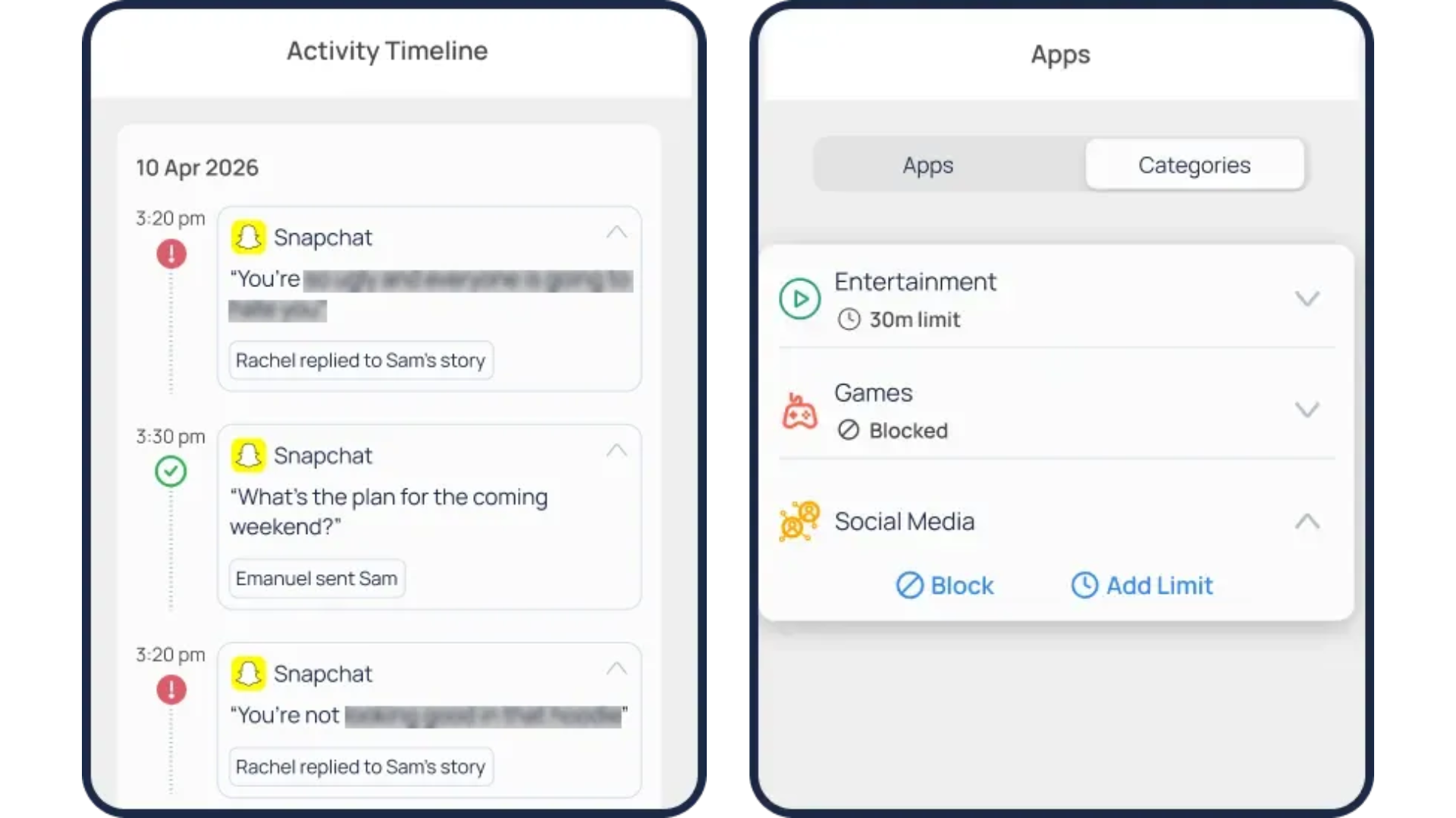 The Mobicip app showing activity notifications and app allowance