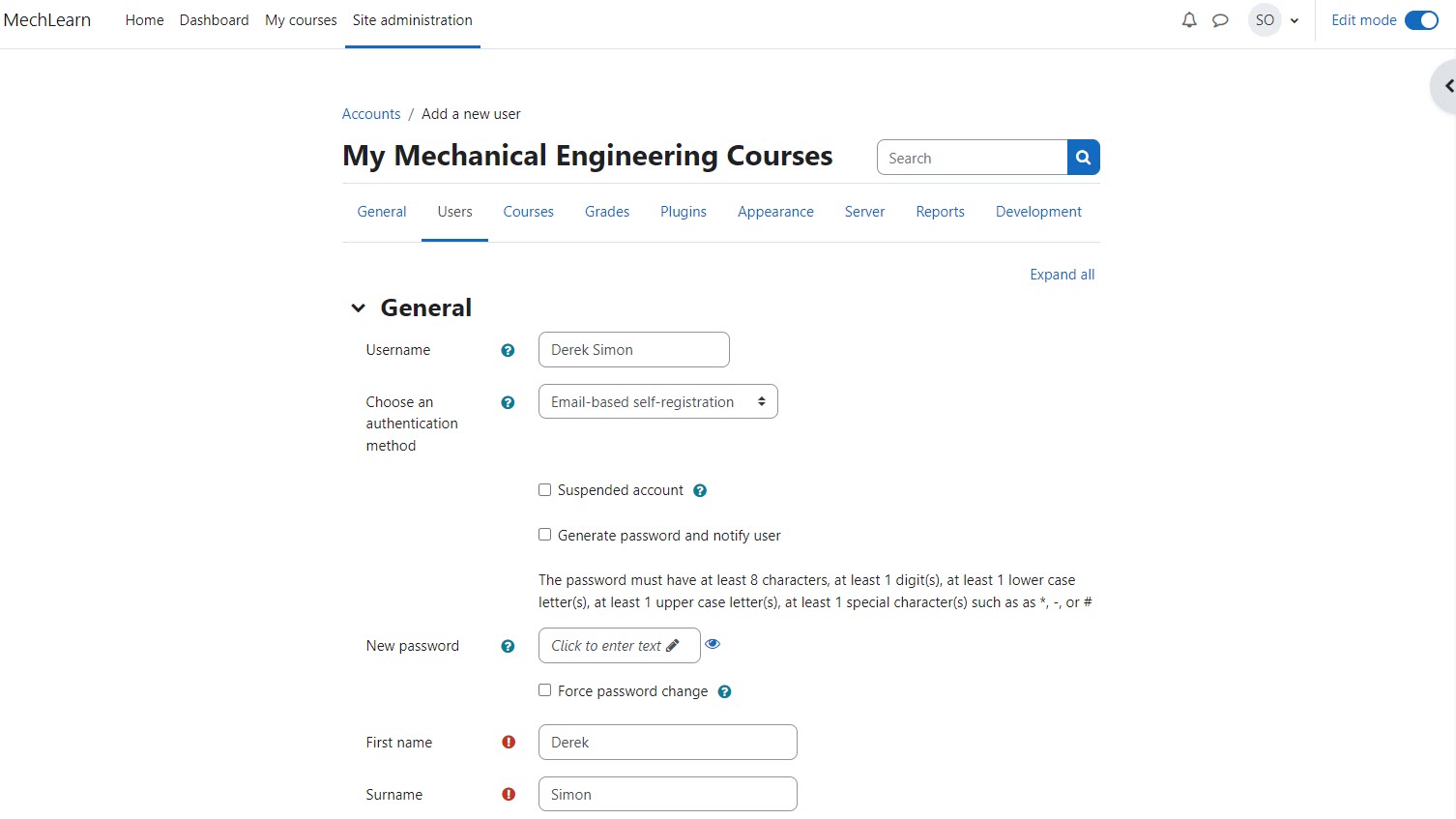 Screenshot of the Add new user page in Moodle