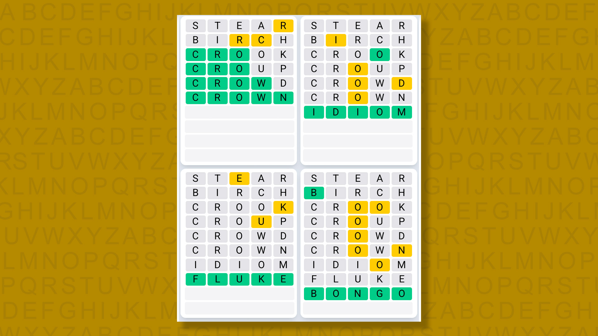 Quordle Daily Sequence answers for game 1562 on a yellow background