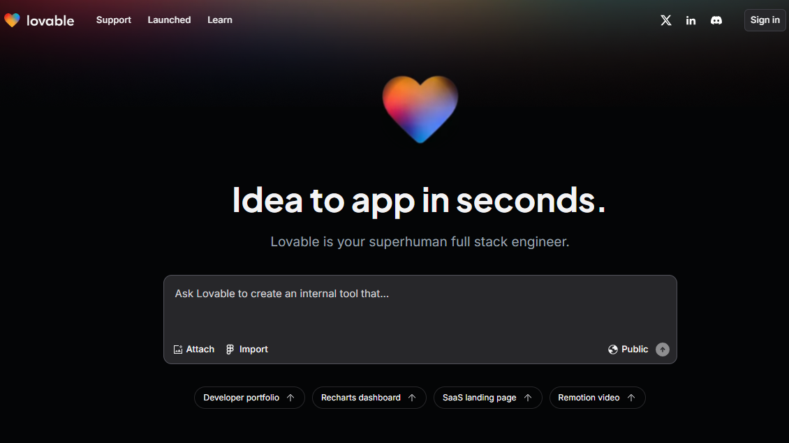 Main page of the Lovable AI no-code platform