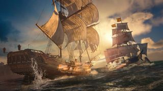 A screenshot from Assassin's Creed Black Flag Resynced showing the Jackdaw engaging in naval battle with a Spanish war ship.