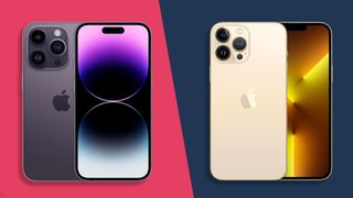 iPhone 14 Pro Max in Deep Purple, next to a gold iPhone 13 Pro Max both on a split two-color background
