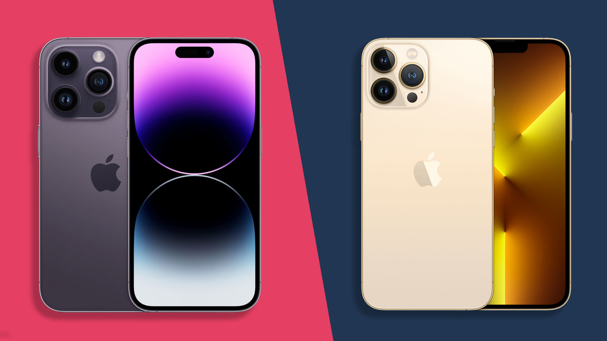 iPhone 14 Pro Max in Deep Purple, next to a gold iPhone 13 Pro Max both on a split two-color background