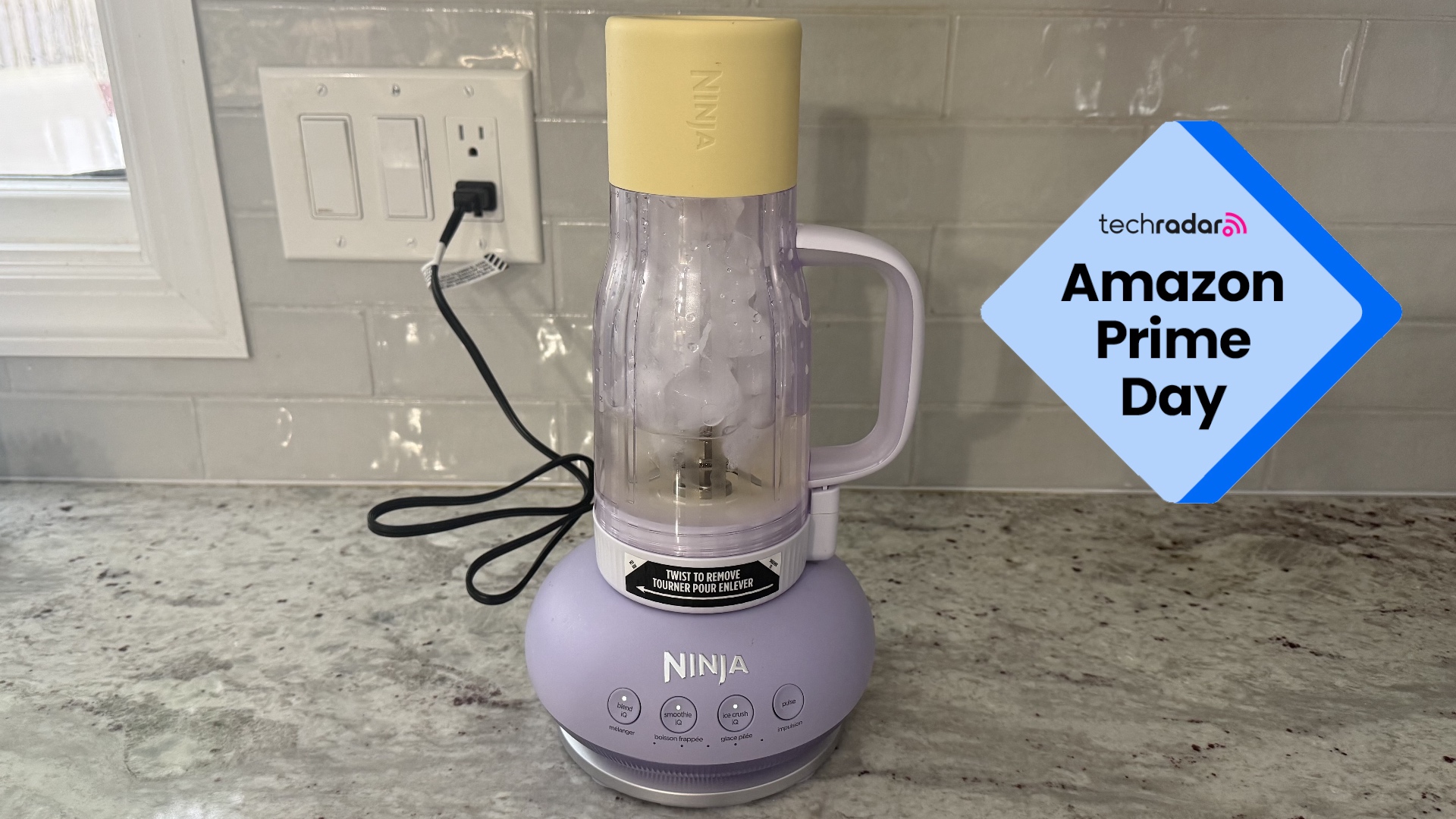 The Ninja BlendBoss full of ice, with a sign saying 'Amazon Prime Day'